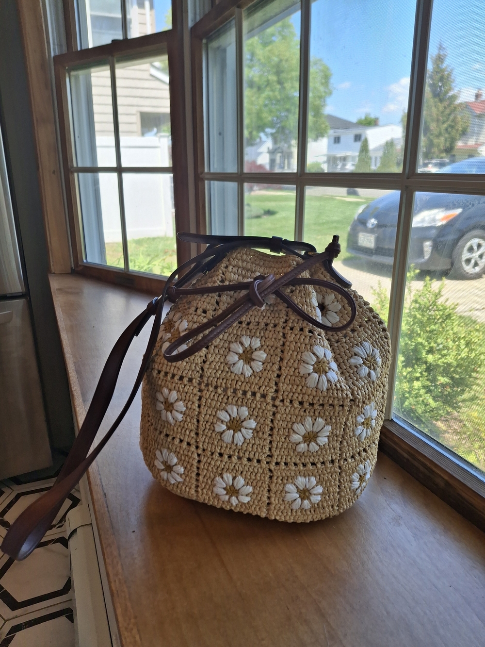 Sezane Farrow Raffia Crochet Daisy Bucket Crossbody - Natural and White